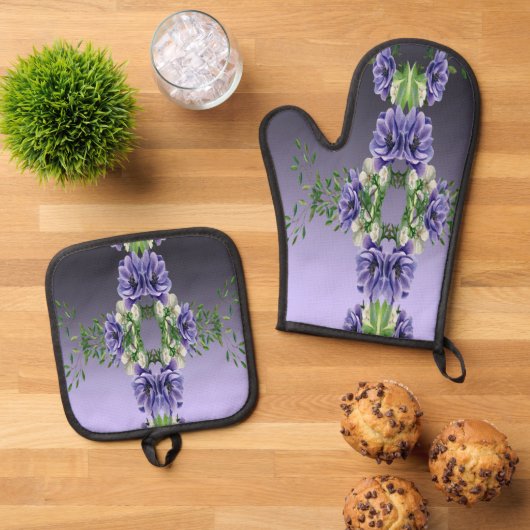 Paarse Bloemen Oven Mitt & Pot Houder Set (Top down)