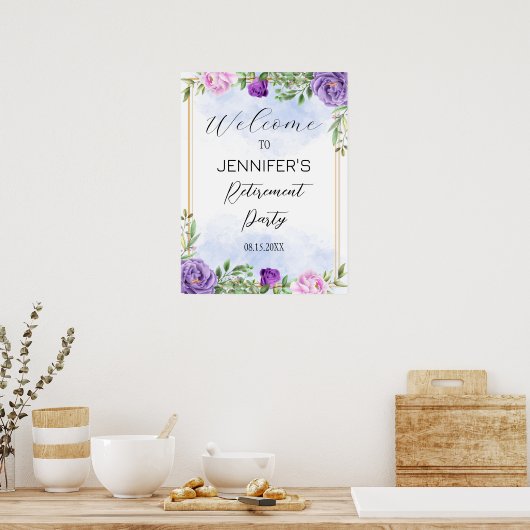 Paarse Bloemen Pensioen Party Welkomstbord Poster (Keuken)