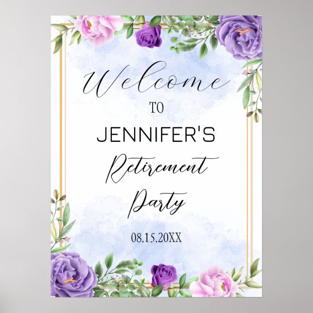 Paarse Bloemen Pensioen Party Welkomstbord Poster (Voorkant)