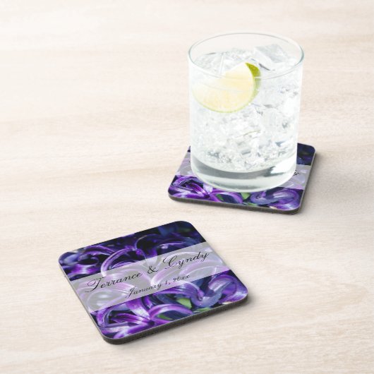 Paarse Bloemen Persoonlijke Trouwdag Drankjes Onderzetter (Rechterzijde)