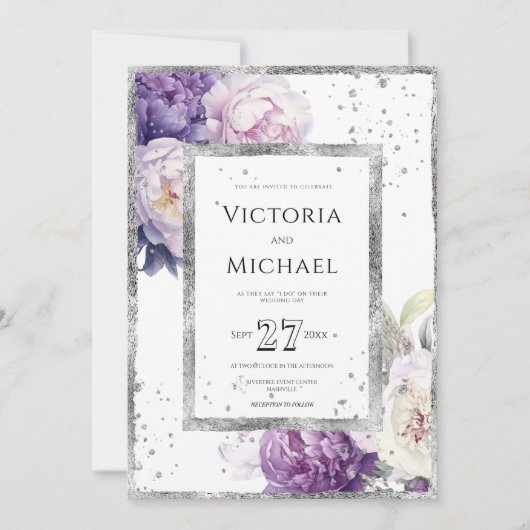 Paarse Bloemen Pioen Elegant Zilveren Bruiloft Kaart (Voorkant)