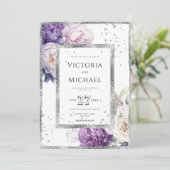 Paarse Bloemen Pioen Elegant Zilveren Bruiloft Kaart (Staand voorkant)