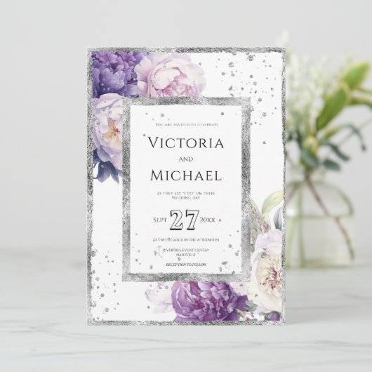 Paarse Bloemen Pioen Elegant Zilveren Bruiloft Kaart (Staand voorkant)