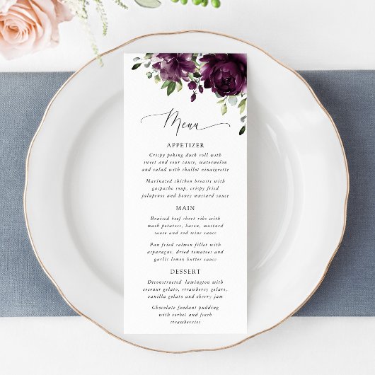Paarse Bloemen, Pruim Bloemen, Boho, Trouwmenu Menu