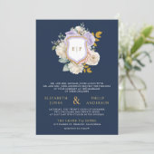 Paarse Bloemen QR Code Crest Navy Blue Wedding Kaart (Staand voorkant)
