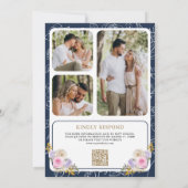 Paarse Bloemen QR Code Crest Navy Blue Wedding Kaart (Achterkant)