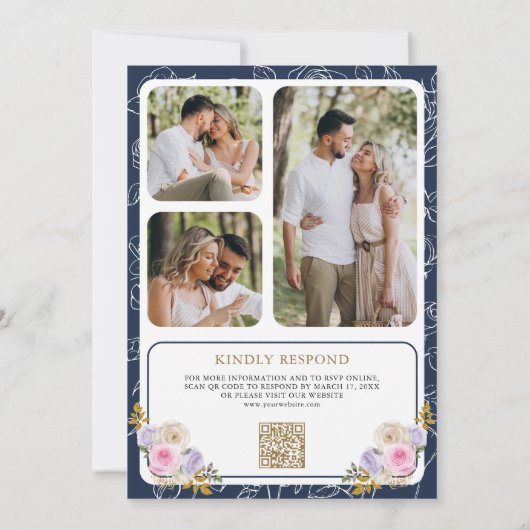 Paarse Bloemen QR Code Crest Navy Blue Wedding Kaart (Achterkant)