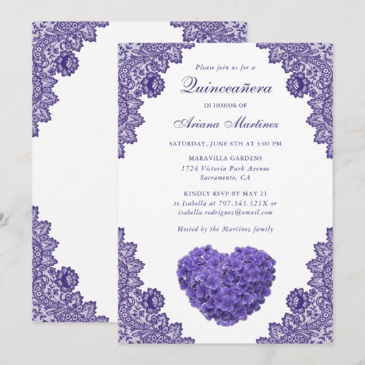 Paarse Bloemen Quinceañera 15e Verjaardagsuitnodig Kaart (Voorkant / Achterkant)