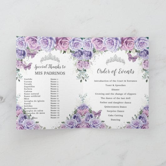 Paarse Bloemen Quinceañera Evenementenorde Padrino Programma (Binnen)