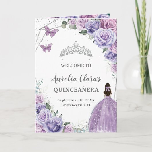 Paarse Bloemen Quinceañera Evenementenorde Padrino Programma (Voorkant)