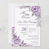 Paarse Bloemen Quinceanera Invitation Kaart (Voorkant)