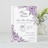 Paarse Bloemen Quinceanera Invitation Kaart (Staand voorkant)