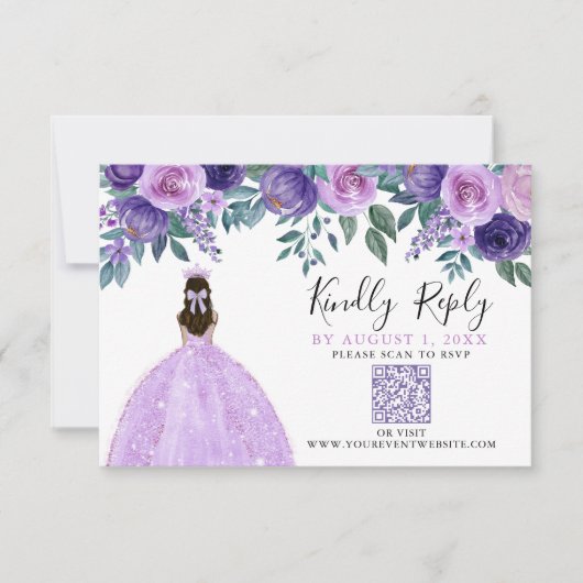 Paarse Bloemen Quinceanera QR Code RSVP (Voorkant)