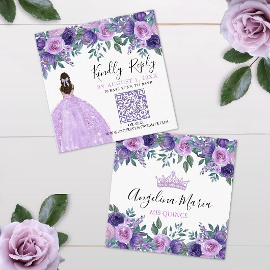 Paarse Bloemen Quinceanera QR Code RSVP Informatiekaartje
