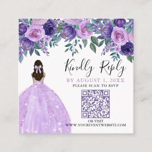 Paarse Bloemen Quinceanera QR Code RSVP Informatiekaartje (Voorkant)