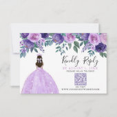 Paarse Bloemen Quinceanera QR Code RSVP Kaartje (Voorkant)