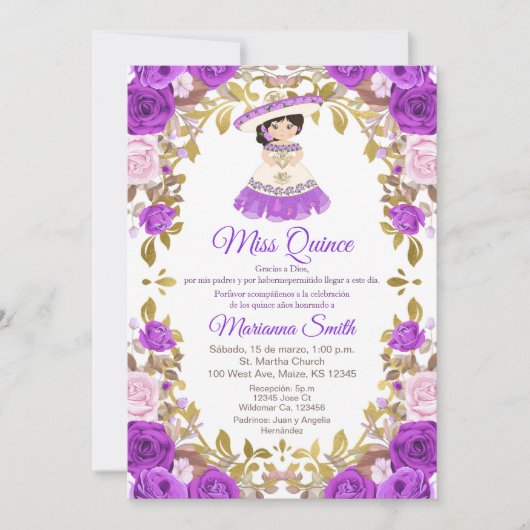 Paarse Bloemen Quinceanera Uitnodiging (Voorkant)