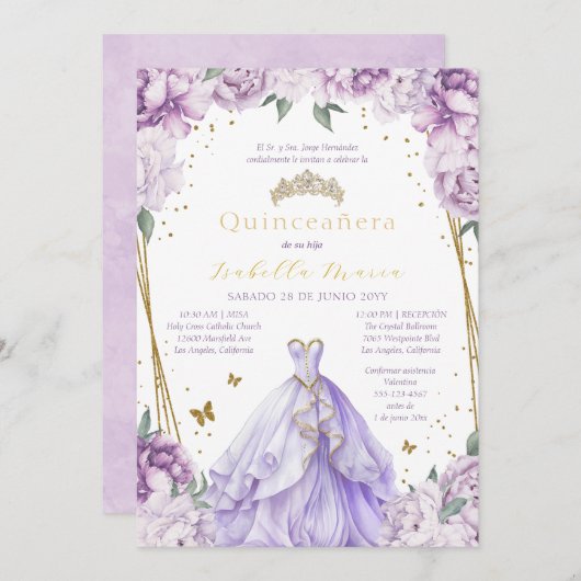 Paarse Bloemen Quinceañera Uitnodiging in het Spaa (Voorkant / Achterkant)