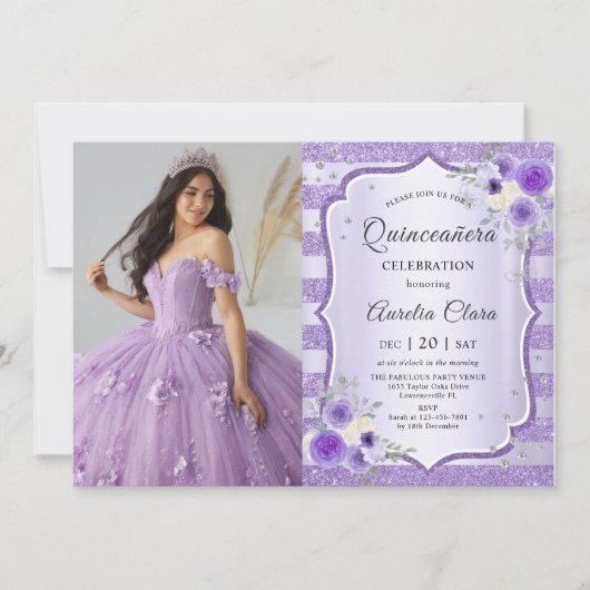 Paarse Bloemen Quinceanera Verjaardagsfoto Kaart (Voorkant)