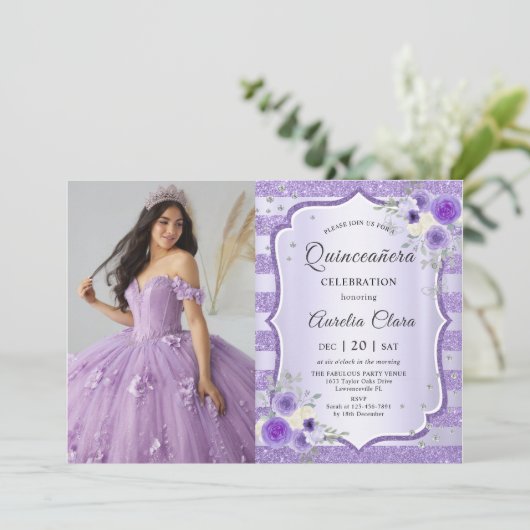 Paarse Bloemen Quinceanera Verjaardagsfoto Kaart (Staand voorkant)