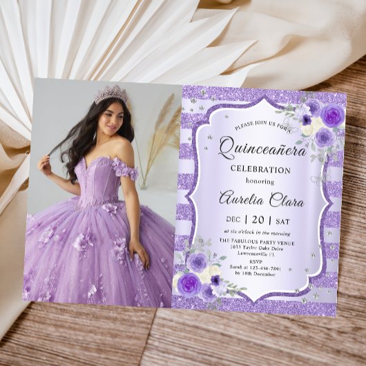 Paarse Bloemen Quinceanera Verjaardagsfoto Kaart