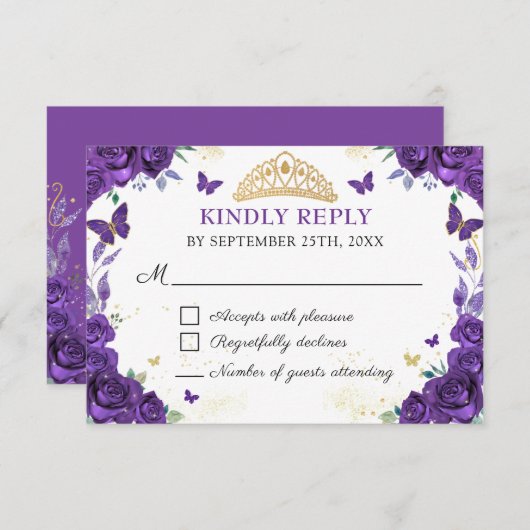 Paarse Bloemen Quinceañera Vlinders RSVP Kaart (Voorkant / Achterkant)