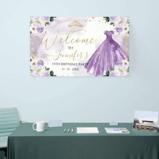 Paarse Bloemen Quinceanera Welkom Spandoek (Beurs)
