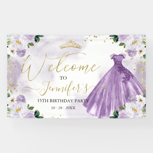 Paarse Bloemen Quinceanera Welkom Spandoek (Horizontaal)