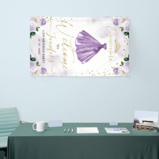 Paarse Bloemen Quinceanera Welkom Spandoek (Beurs)