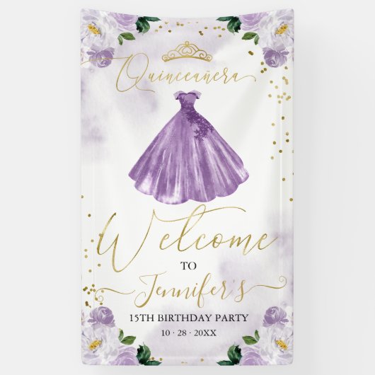 Paarse Bloemen Quinceanera Welkom Spandoek (Verticaal)