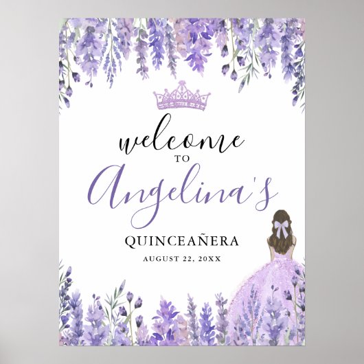 Paarse Bloemen Quinceanera Welkomstbord Poster (Voorkant)
