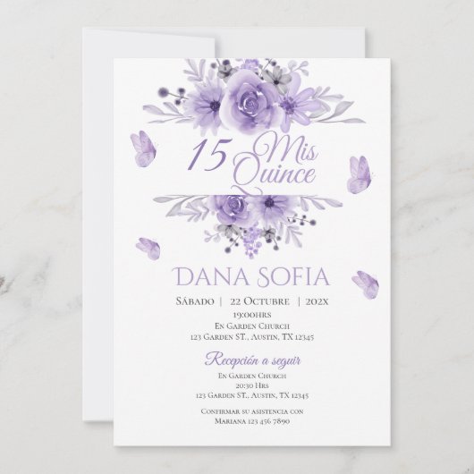 Paarse Bloemen Quincenera Uitnodiging Spaans (Voorkant)