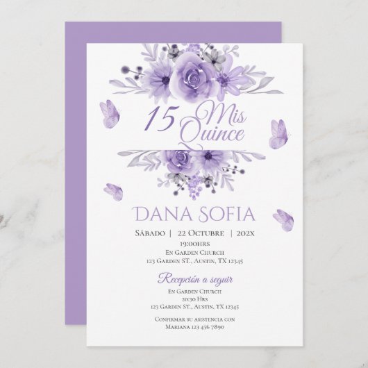 Paarse Bloemen Quincenera Uitnodiging Spaans (Voorkant / Achterkant)