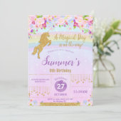 Paarse Bloemen Regenboog Eenhoorn Verjaardagsfeest Kaart (Staand voorkant)