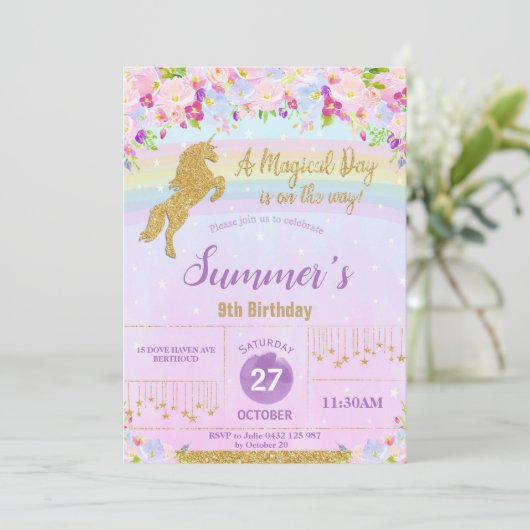 Paarse Bloemen Regenboog Eenhoorn Verjaardagsfeest Kaart (Staand voorkant)