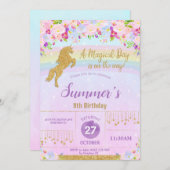 Paarse Bloemen Regenboog Eenhoorn Verjaardagsfeest Kaart (Voorkant / Achterkant)