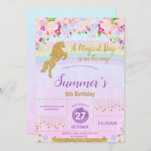 Paarse Bloemen Regenboog Eenhoorn Verjaardagsfeest Kaart (Voorkant / Achterkant)