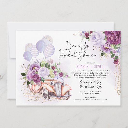 Paarse bloemen Retro auto rijden met het Vrijgezel Kaart (Voorkant)