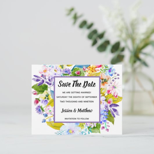 Paarse Bloemen Romantisch Save The Date Kaart (Staand voorkant)