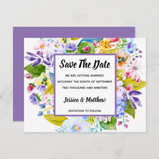 Paarse Bloemen Romantisch Save The Date Kaart (Voorkant / Achterkant)