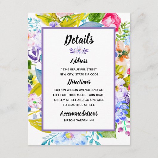 Paarse Bloemen Romantische bruiloft Details Informatiekaartje (Voorkant)