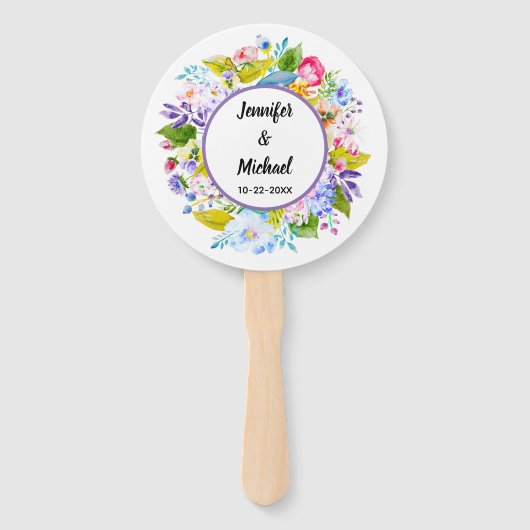 Paarse Bloemen Romantische Bruiloft Gast Fans Handwaaier (Voorkant)