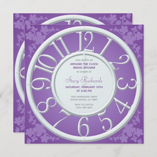 Paarse Bloemen Rond de Klok Douche Uitnodigen Kaart (Voorkant / Achterkant)