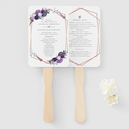 Paarse Bloemen Roos Gold Bloom Trouwprogramma Handwaaier (Voorkant en achterkant)