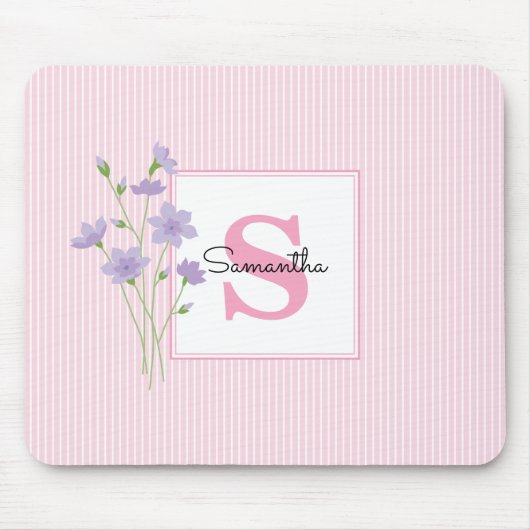 Paarse bloemen roze strepen monogram muismat (Voorkant)