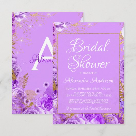 Paarse Bloemen Rozen Vrijgezellenfeest Monogram Kaart (Voorkant / Achterkant)