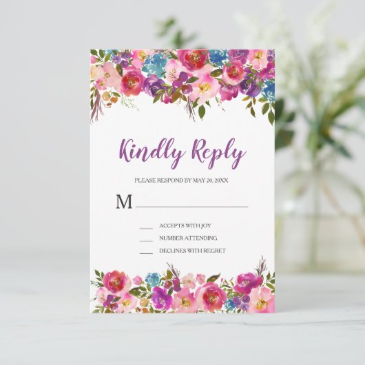 Paarse bloemen RSVP Response Kaart (Staand voorkant)