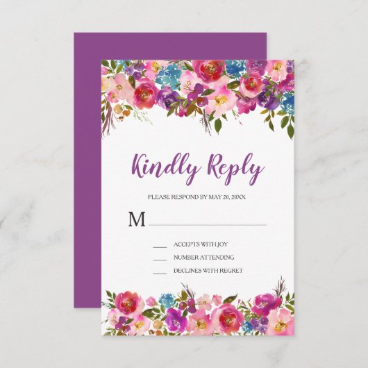 Paarse bloemen RSVP Response Kaart (Voorkant / Achterkant)