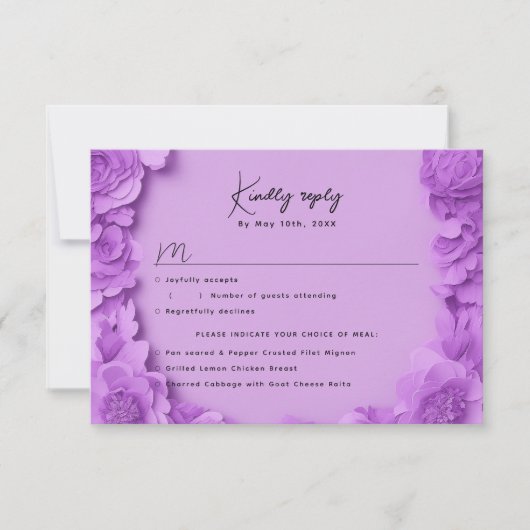 Paarse bloemen RSVP w maaltijd keuzes (Voorkant)