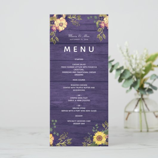 Paarse bloemen rustieke bruiloft menu (Staand voorkant)